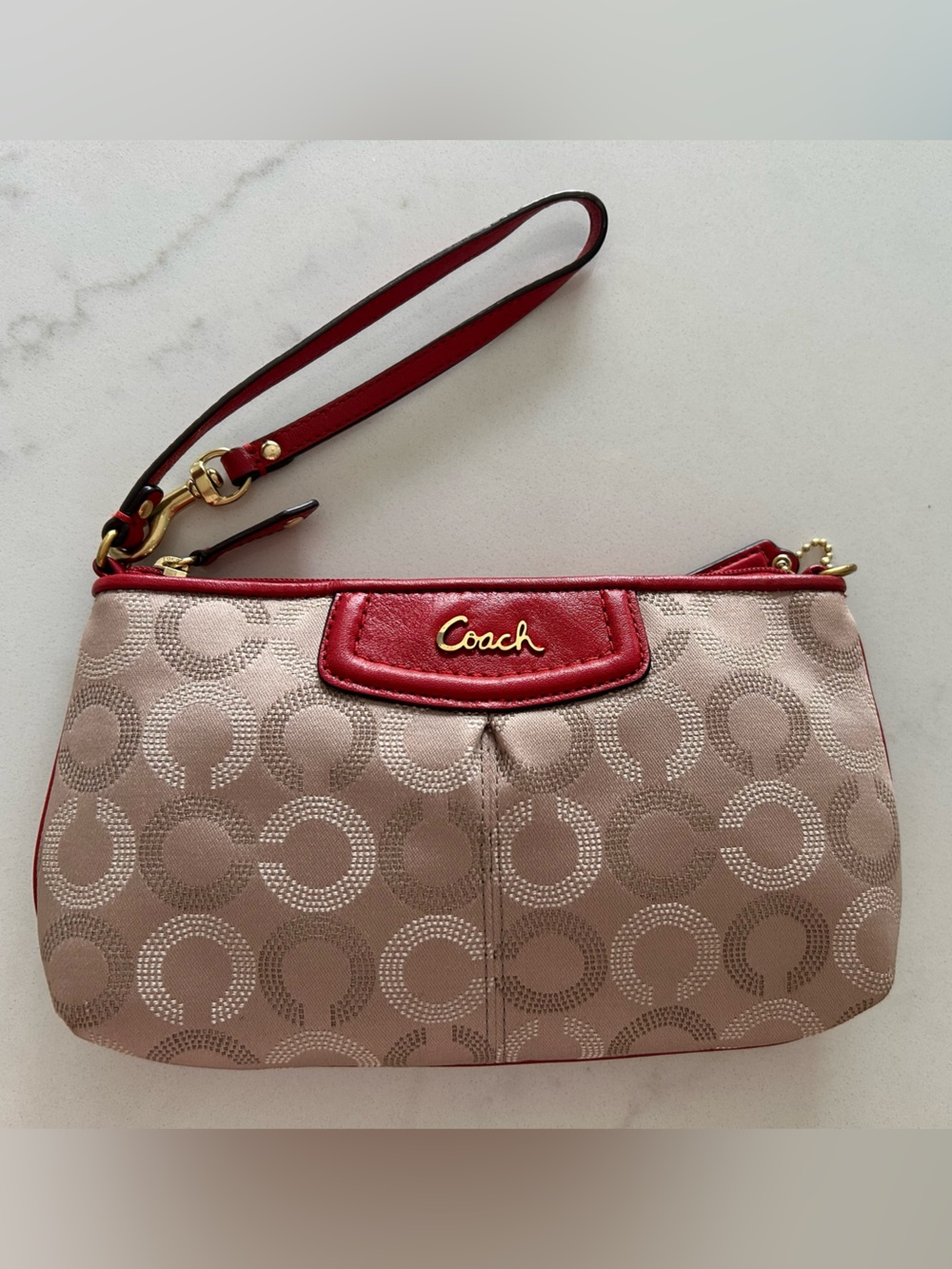 COACH Ashley Dotted Op Art Large Wristlet Wallet Khaki & Cherry